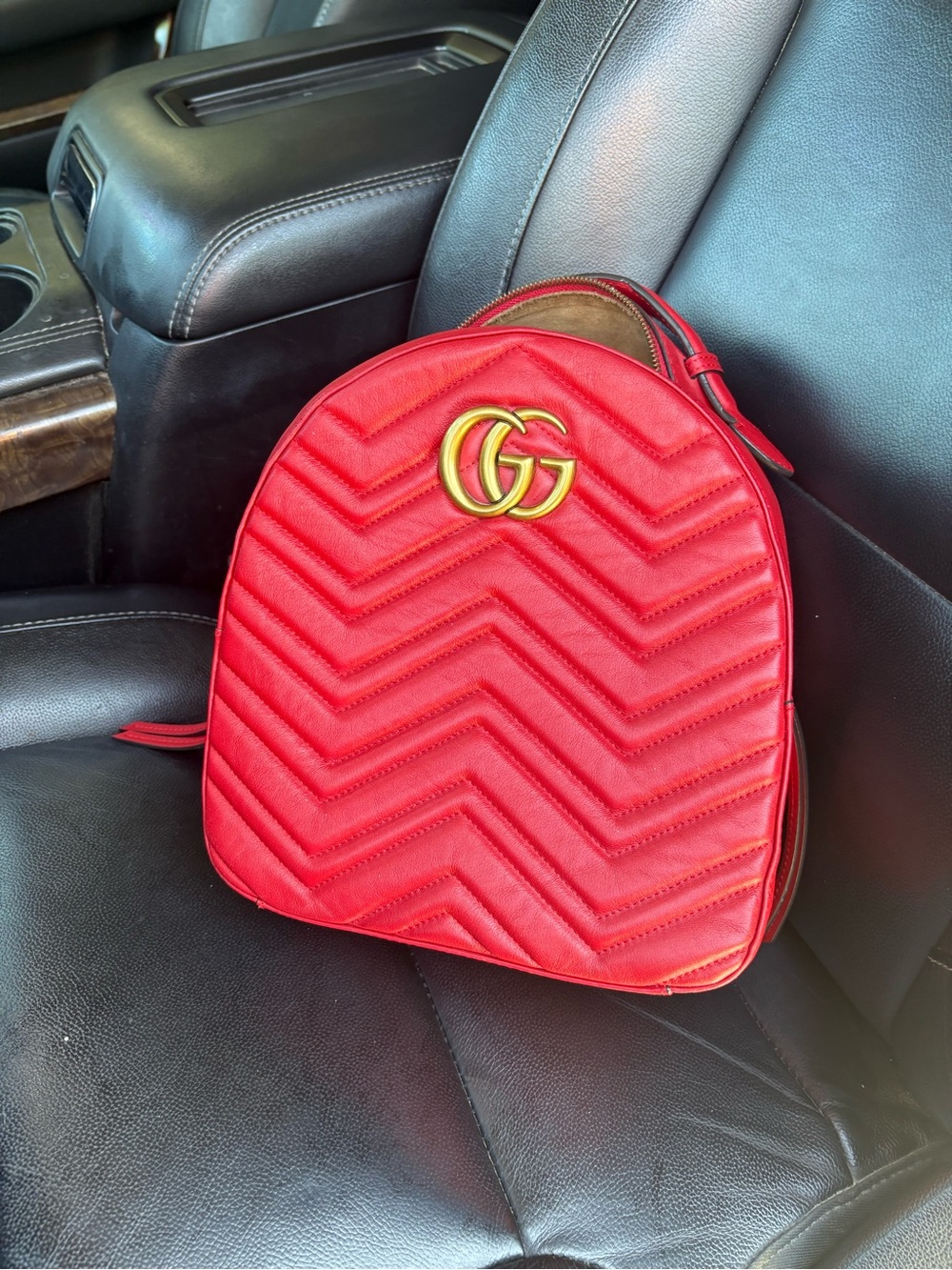 Gucci Red Quilted Chevron GG Backpack with Gold Hardware